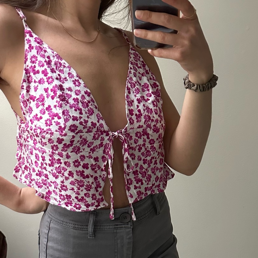 Pink Floral Tie-Front Top